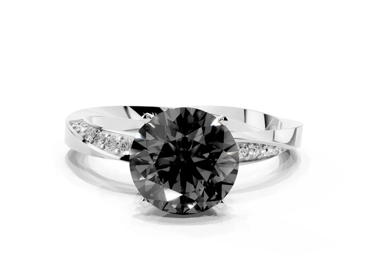 Fancy Black Round Cut Diamond Engagement Ring with Side Stone Accents and Four-Prong Setting Silver