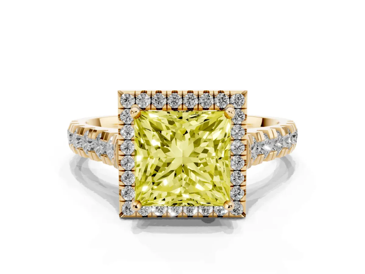 Fancy Yellow Princess Cut Halo Pavé Diamond Engagement Ring with Four-Prong Setting Yellow gold