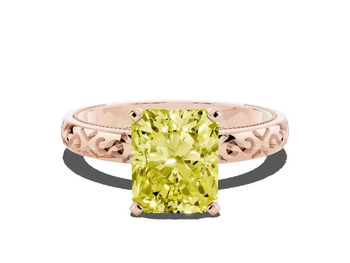 Fancy Yellow Radiant Cut Solitaire Engagement Ring with Scrollwork Band and Four-Prong Setting Rose gold