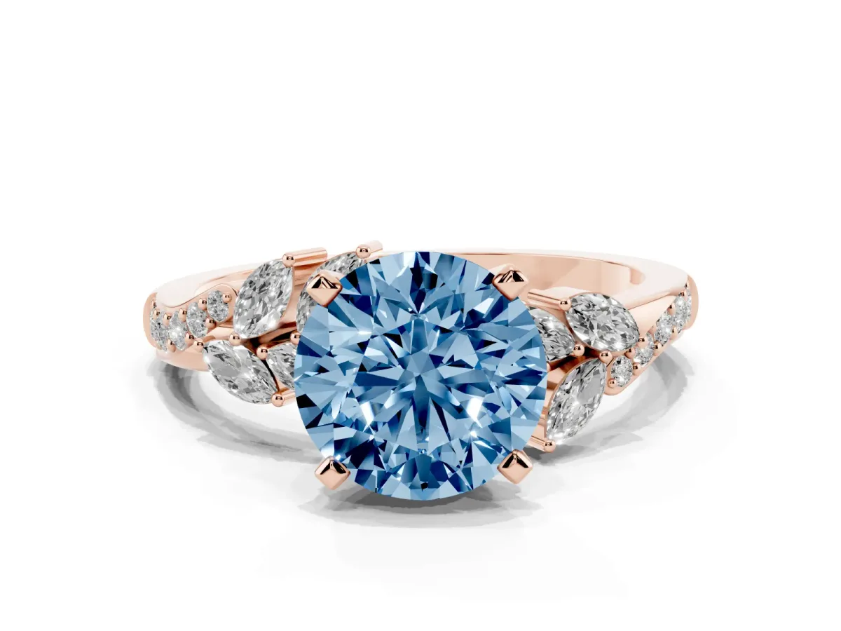 Fancy Blue Round Cut Solitaire Marquise Twist Band with Six-Prong Setting Rose gold