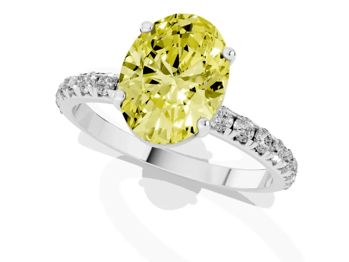 Fancy Yellow Oval Cut Cut Diamond Solitaire Ring with Micro Pave Band and Four Prong Setting Silver