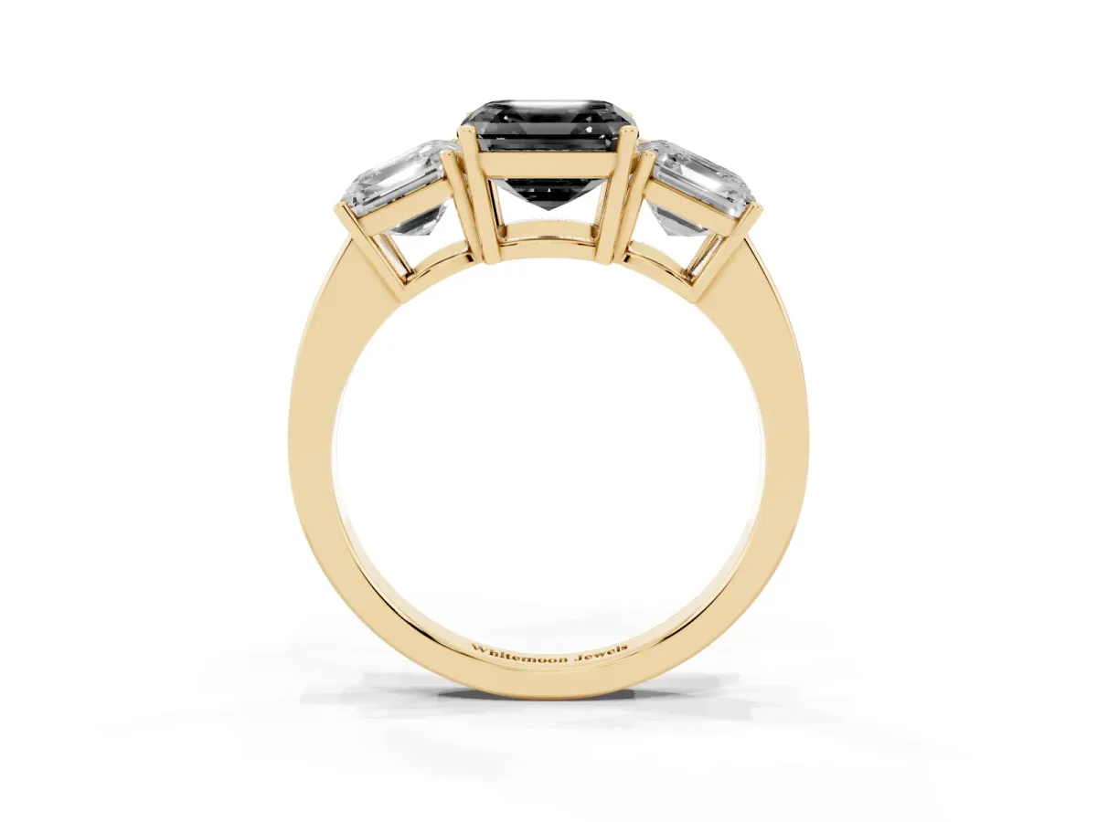 Fancy Black Three-Stone Asscher Cut Cut Diamond Engagement Ring with Flat Band and Four-Prong Setting Yellow gold