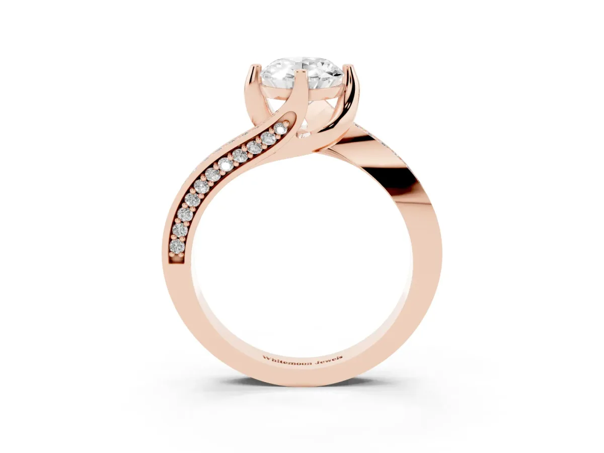 Oval Cut Solitaire Diamond Twist Band with Pavé Setting and Four-Prong Setting Rose gold