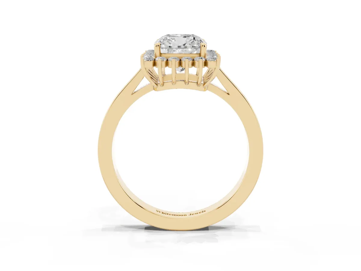 Cushion Cut Cut Diamond Halo Ring with Round Brilliant Halo and Solitaire Band Yellow gold