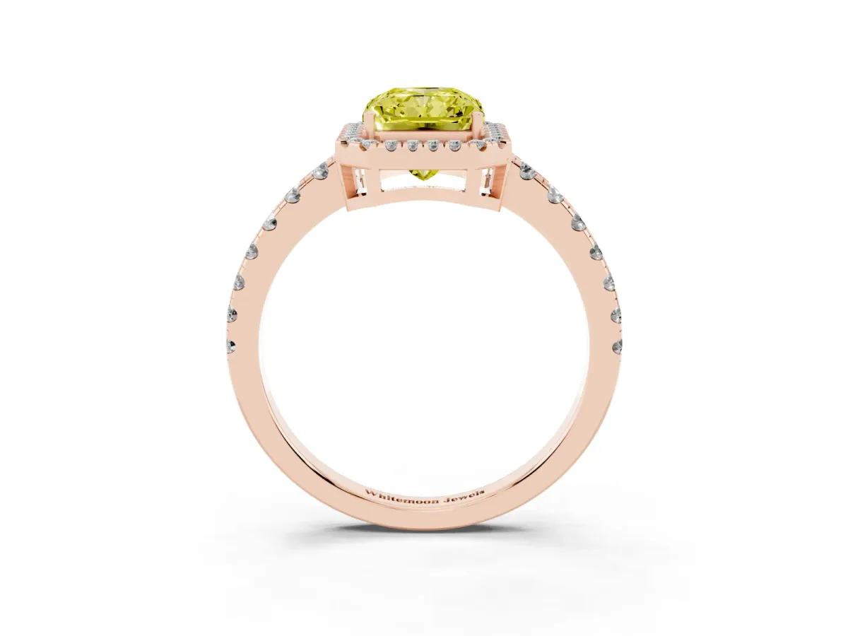 Fancy Yellow Radiant Cut Diamond Halo Ring with Pavé Band and Four-Prong Setting Rose gold