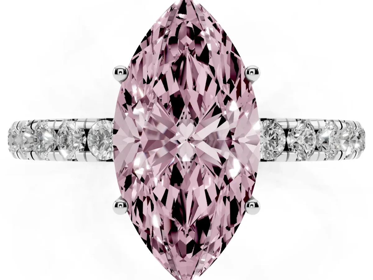 Fancy Pink Marquise Cut Diamond Pavé Solitaire Engagement Ring with Four-Prong Setting Silver