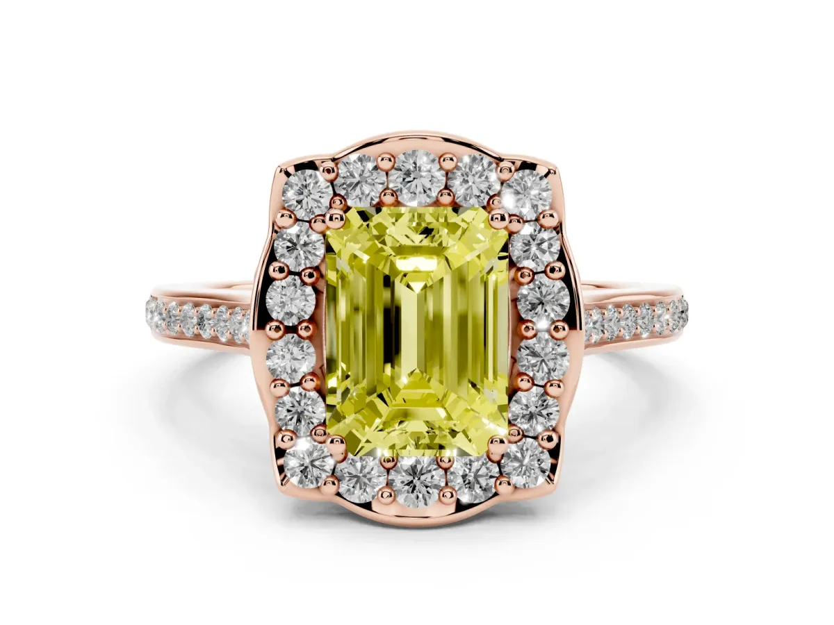 Fancy Yellow Emerald Cut Halo Round Diamond Pave Band with Four-Prong Setting Rose gold