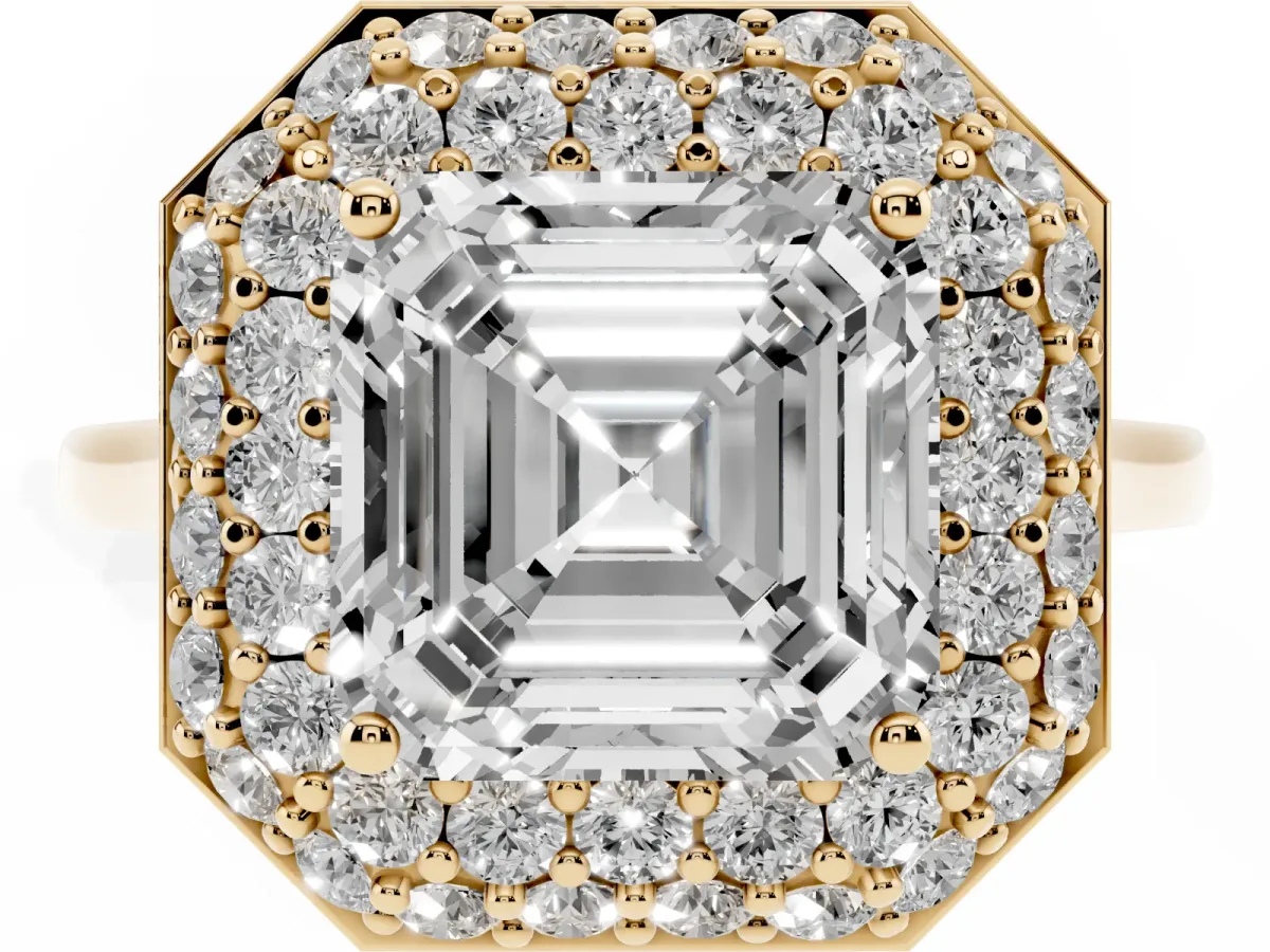 Asscher Cut Halo Diamond Engagement Ring with Solitaire Band and Four-Prong Setting Yellow gold