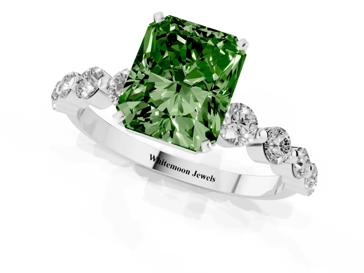 Fancy Green Radiant Cut Solitaire Diamond Ring with Pave Band and Four-Prong Setting Silver