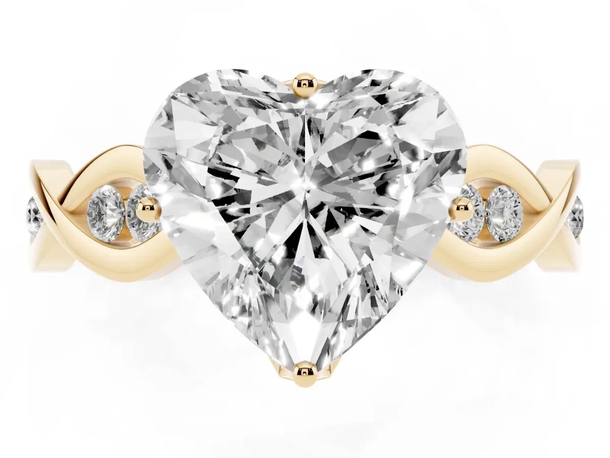 Heart Cut Solitaire Twist Band with Leaf Prong Setting Yellow gold