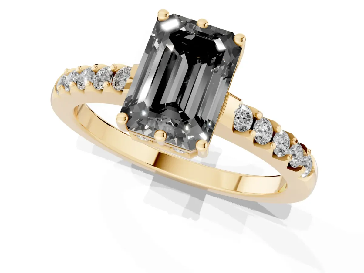 Fancy Black Emerald Cut Solitaire Diamond Engagement Ring with Pavé Band and Six-Prong Setting Yellow gold
