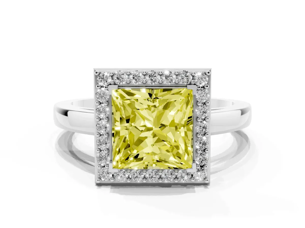 Fancy Yellow Princess Cut Halo Diamond Ring with Solitaire Band and Prong Setting Silver