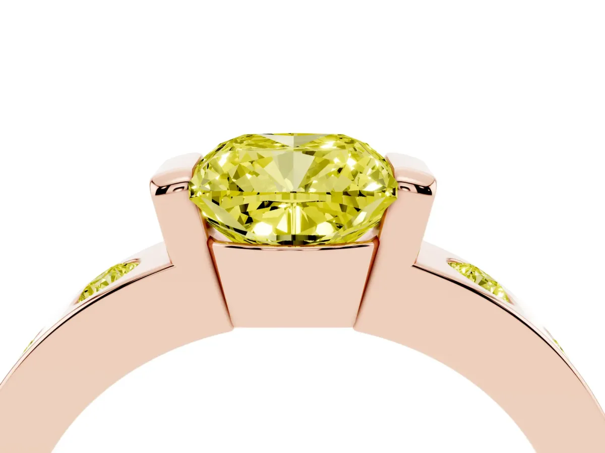 Fancy Yellow Cushion Cut Brilliant Channel-Set Diamond Ring with Bezel Prong Setting Rose gold