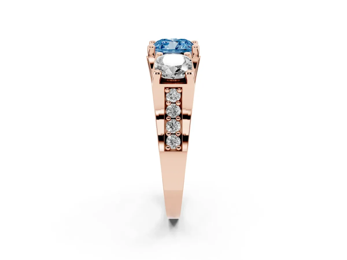 Fancy Blue Cushion Cut Diamond Three-Stone Ring with Channel Set Band and Four-Prong Setting Rose gold