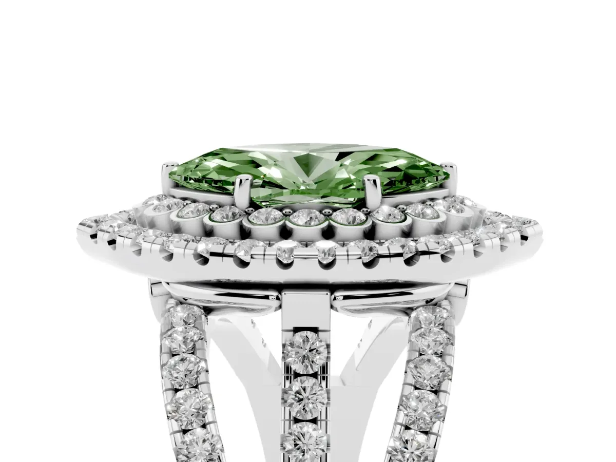 Fancy Green Marquise Cut Diamond Double Halo Ring with Round Pavé Split Shank and Prong Setting White gold
