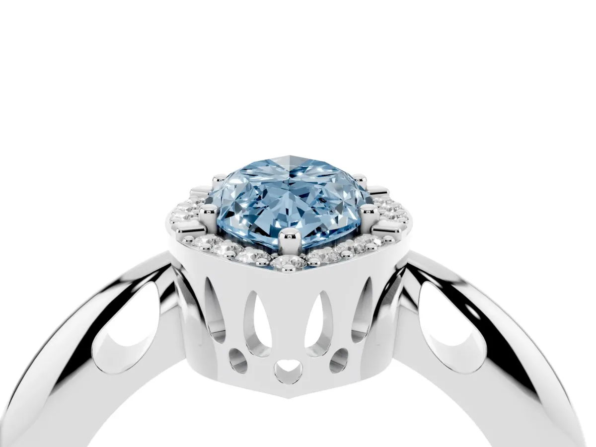 Fancy Blue Marquise Cut Cut Diamond Halo Engagement Ring with Split Shank and Four-Prong Setting Silver