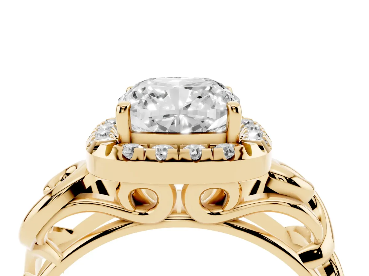 Cushion Cut Cut Halo Diamond Ring with Scrollwork Band and Four-Prong Setting Yellow gold