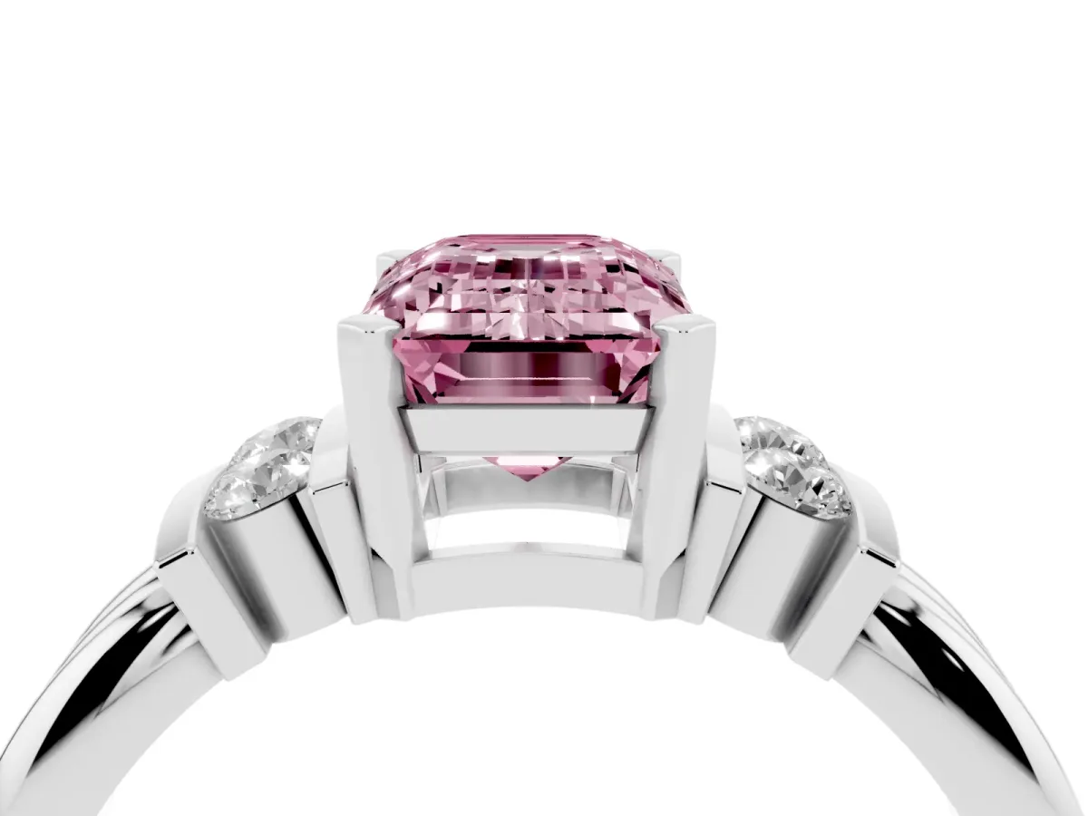 Fancy Pink Emerald Cut Cut Three-Stone Channel Set Ring with Bar Prongs Silver