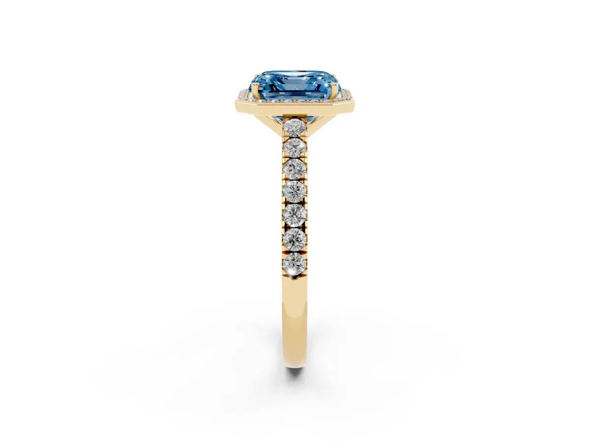 Fancy Blue Asscher Cut Cut Halo Diamond Engagement Ring with Pave Band and Four-Prong Setting Yellow gold