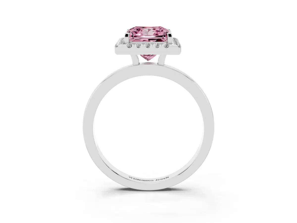 Fancy Pink Princess Cut Halo Diamond Solitaire with Pavé Band and Four-Prong Setting Platinum