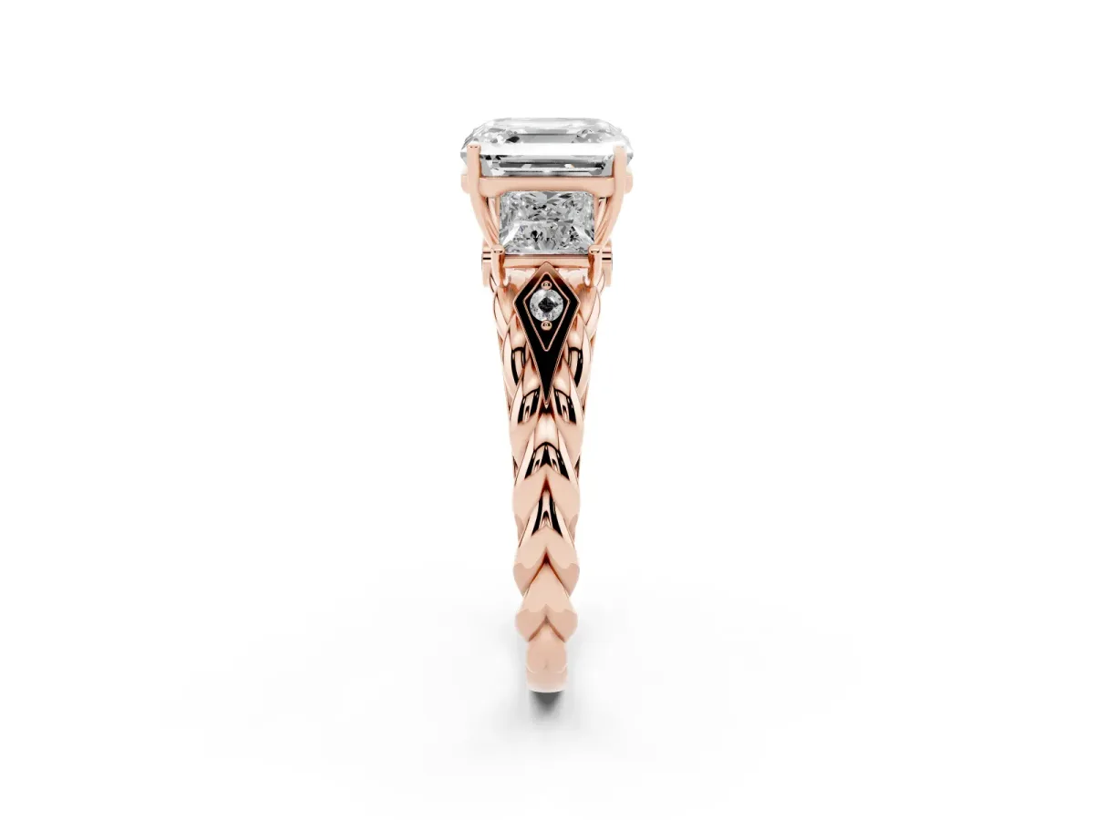 Three-Stone Asscher Cut Diamond Braided Band Ring with Four-Prong Setting Rose gold