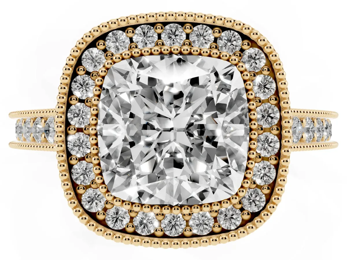 Halo Cushion Cut-Cut Diamond Pave Band Milgrain Prong Setting Ring Yellow gold