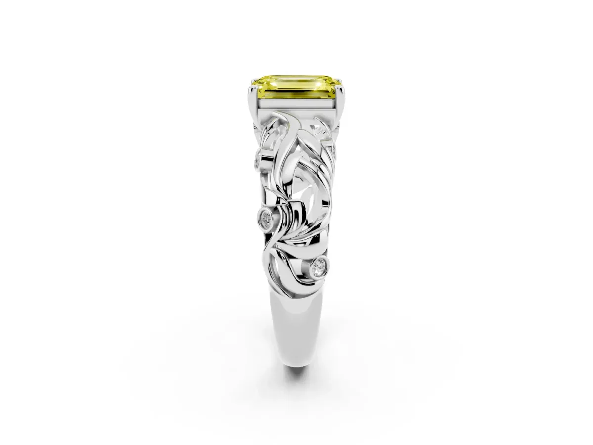 Fancy Yellow Emerald Cut Solitaire Diamond Leaf-Inspired Vine Band Ring with Prong Setting White gold