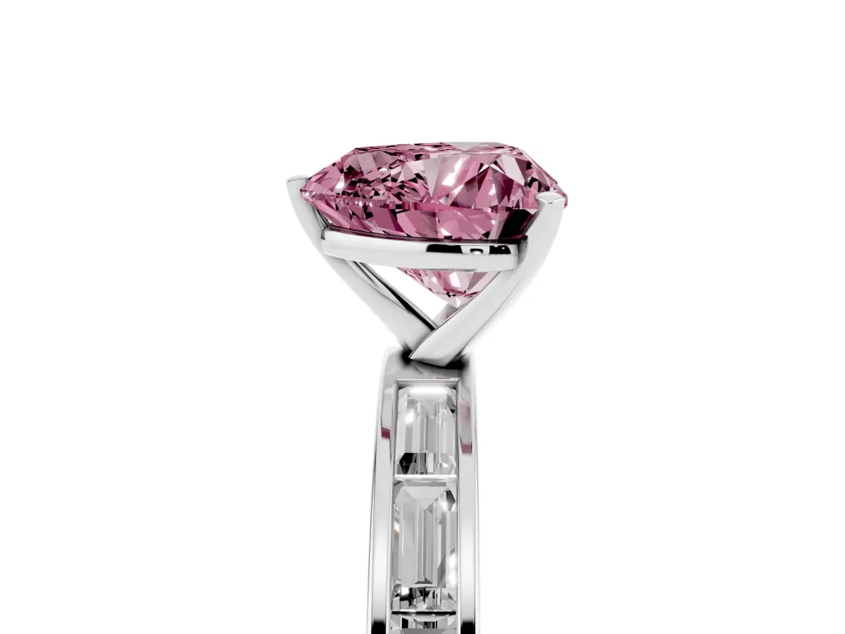 Fancy Pink Heart Cut Solitaire Diamond Ring with Channel-Set Baguette Band and Four-Prong Setting Platinum