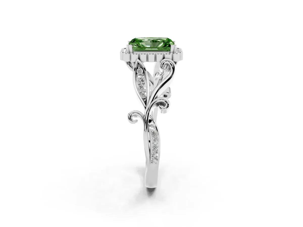 Fancy Green Radiant Cut Diamond Halo Ring with Vintage Split Shank and Four-Prong Setting Silver
