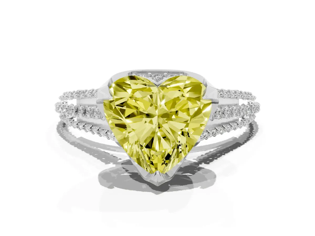 Fancy Yellow Heart Cut Solitaire Pave Split Shank Ring with Four-Prong Setting Silver