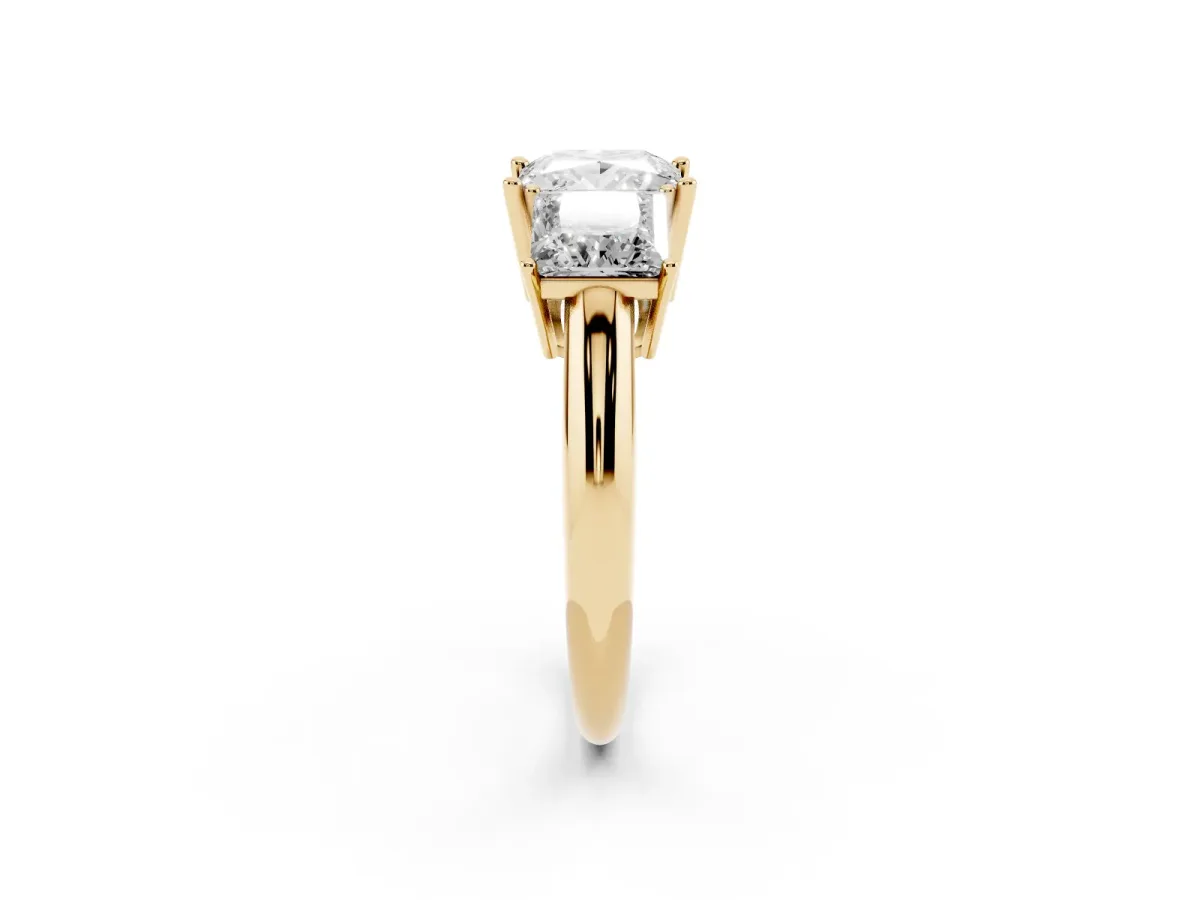 Three-Stone Princess Cut Cut Diamond Engagement Ring with Prong Setting on a White Gold Band Yellow gold