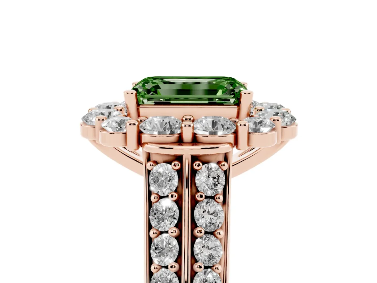 Fancy Green Emerald Cut Halo Diamond Engagement Ring with Split Shank and Prong Setting Rose gold