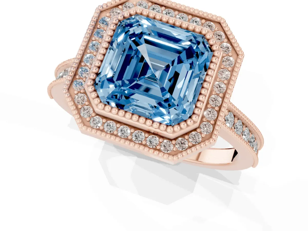 Fancy Blue Halo Asscher Cut-Cut Diamond Pave Band Milgrain Prong Setting Ring Rose gold