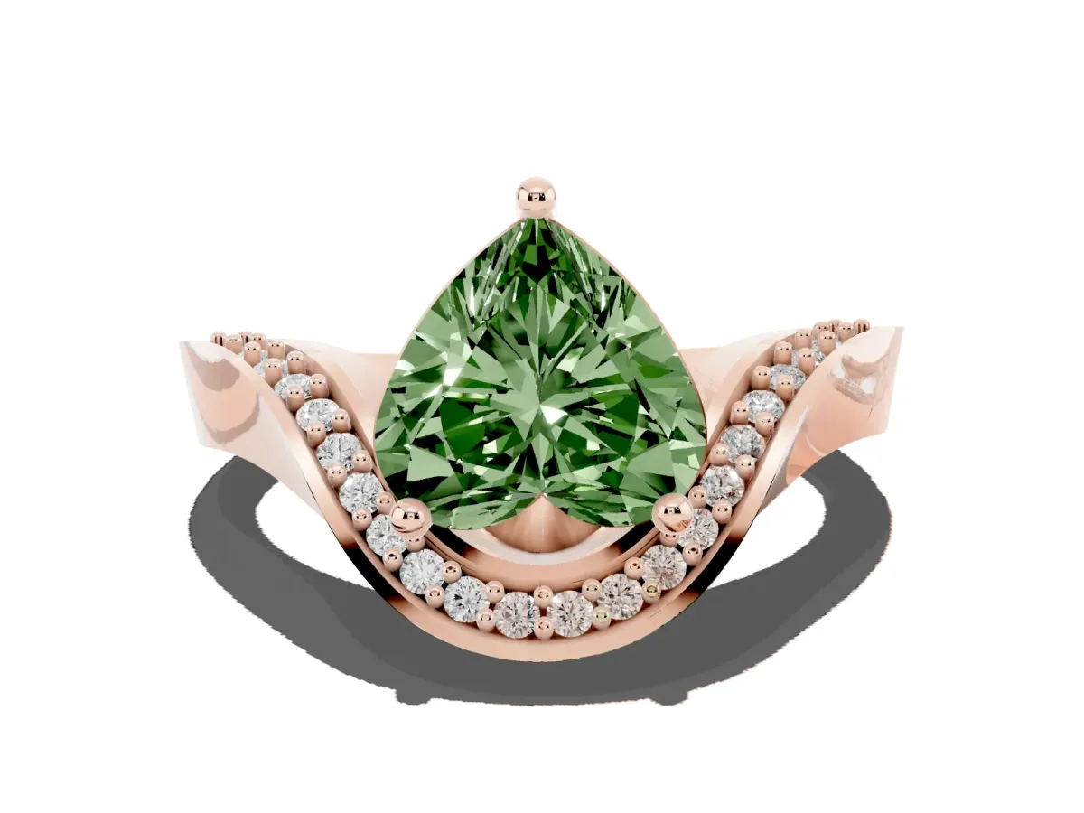 Fancy Green Heart Cut Solitaire Diamond Engagement Ring with Pave Band and Four-Prong Setting Rose gold