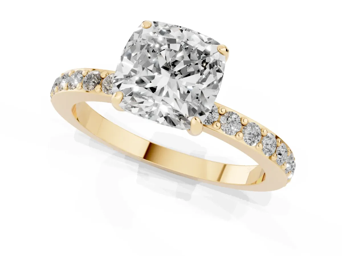 Cushion Cut Diamond Solitaire Engagement Ring with Pavé Band and Four-Prong Setting Yellow gold
