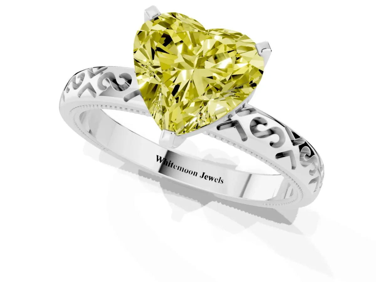 Fancy Yellow Heart Cut Solitaire Engagement Ring with Scrollwork Band and Four-Prong Setting Platinum