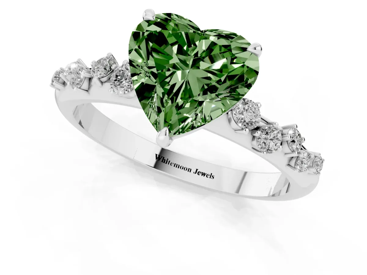 Fancy Green Heart Cut Diamond Cluster Prong-Set Solitaire Ring White gold
