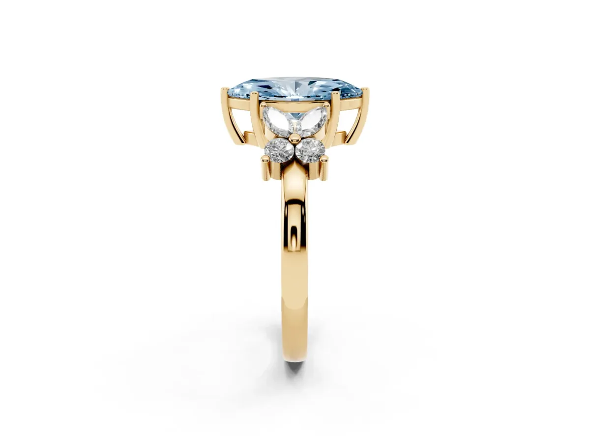 Fancy Blue Marquise Cut Diamond Floral Cluster Ring with Solitaire Band and Prong Setting Yellow gold