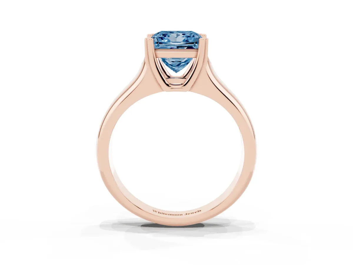 Fancy Blue Princess Cut Diamond Solitaire Ring with Wide Band and Prong Setting Rose gold
