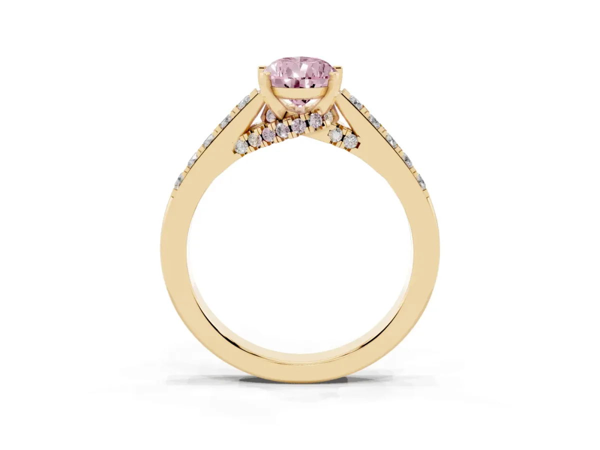 Fancy Pink Pear Cut Diamond Solitaire Ring with Crossover Gallery and Round Pavé Band Yellow gold