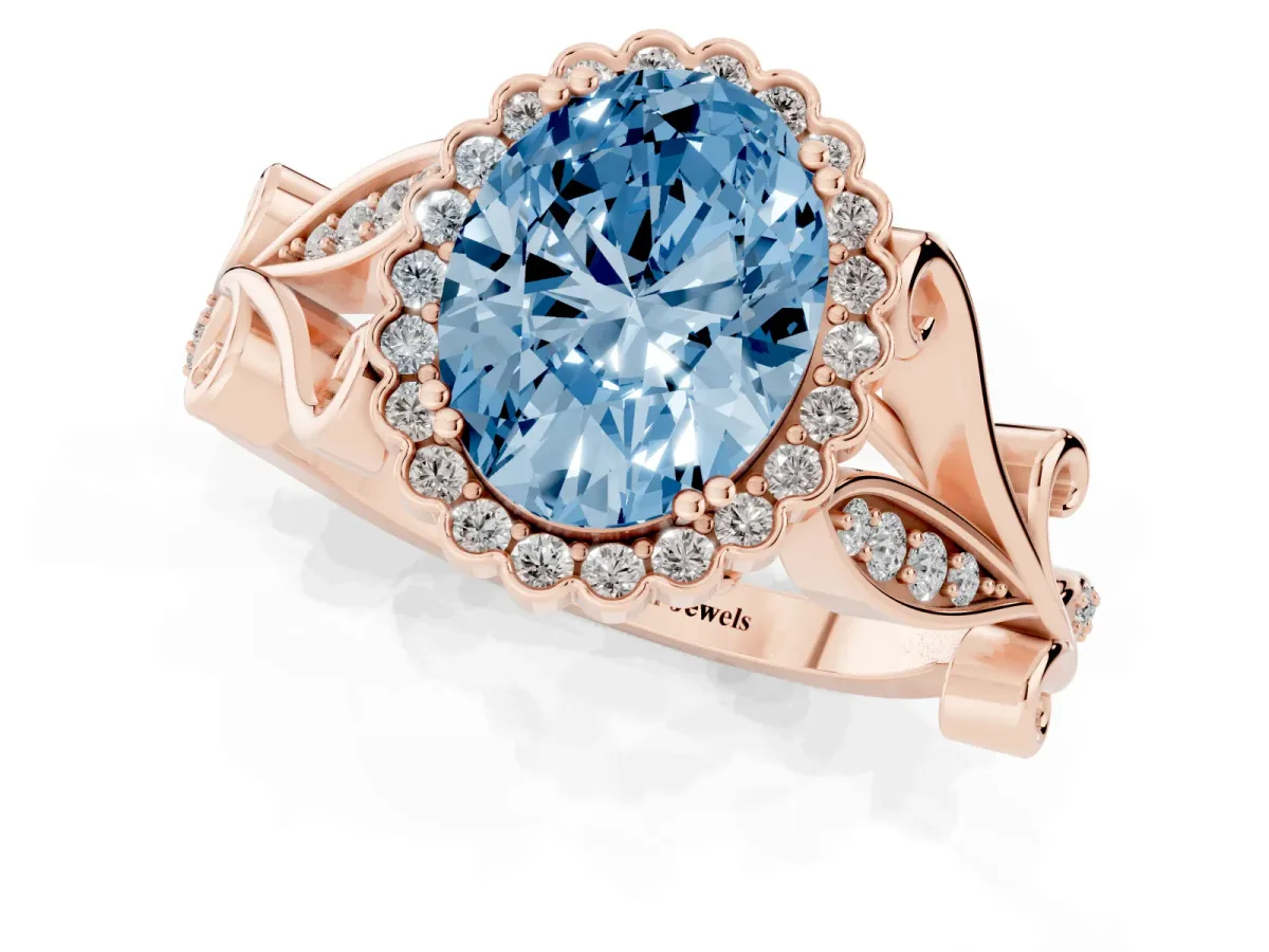 Fancy Blue Oval Cut Diamond Halo Ring with Vintage Split Shank and Four-Prong Setting Rose gold