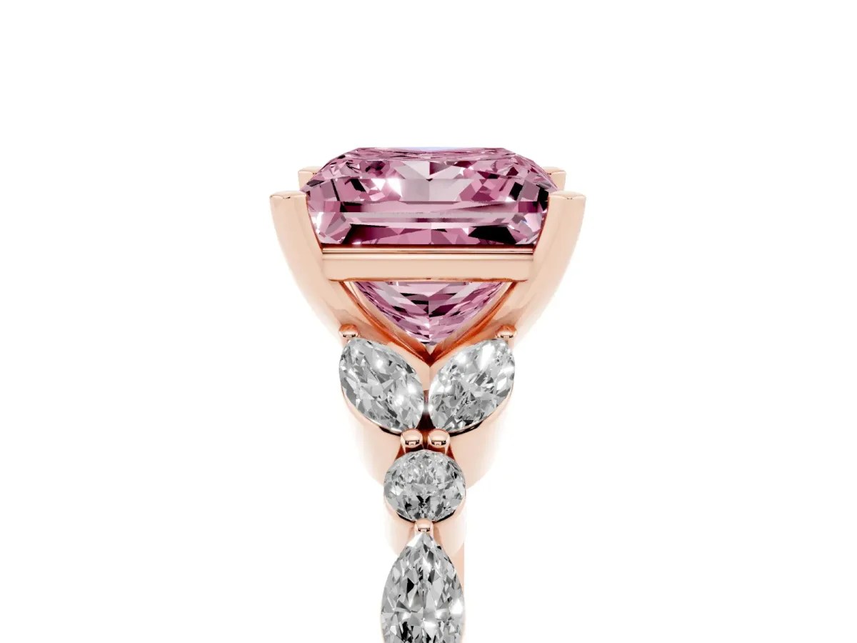 Fancy Pink Princess Cut Diamond Solitaire Ring with Side Stones and Four-Prong Setting Rose gold