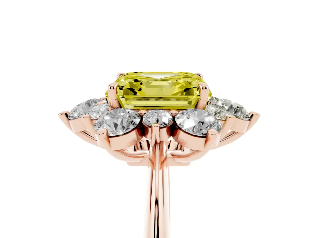 Fancy Yellow Asscher Cut Diamond Cluster Halo Ring with Solitaire Band and Four-Prong Setting Rose gold
