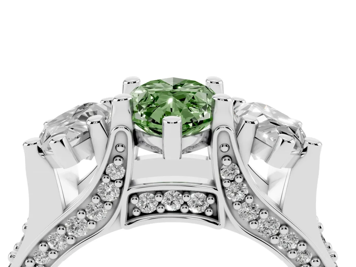 Fancy Green Marquise Cut Diamond Three-Stone Ring with Channel Set Band and Four-Prong Setting Silver