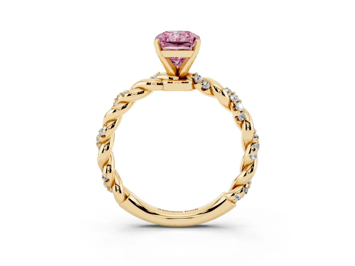 Fancy Pink Radiant Cut Diamond Solitaire Ring with Twisted Band and Pavé Accents Yellow gold