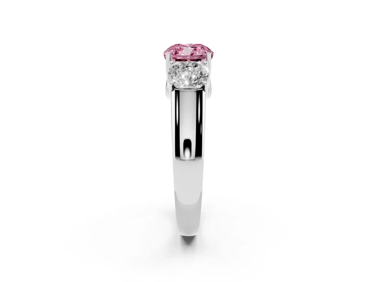 Fancy Pink Three-Stone Cushion Cut Cut Diamond Ring with Prong Setting and Classic Band Platinum