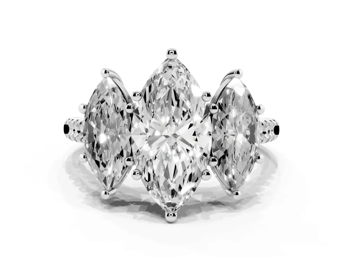 Three-Stone Marquise Cut Diamond Ring with Round Pavé Band and Prong Setting Silver