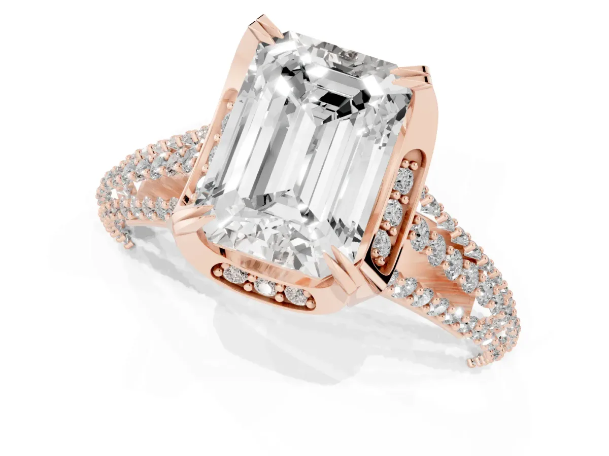 Emerald Cut Solitaire Pave Split Shank Ring with Four-Prong Setting Rose gold