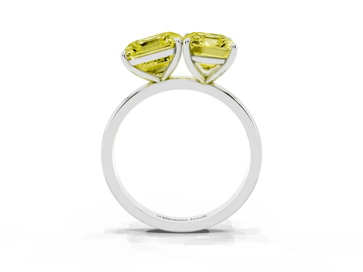 Fancy Yellow Asscher Cut and Emerald Cut Toi Moi Ring with Prong Setting Platinum