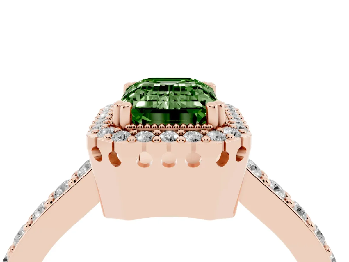Fancy Green Emerald Cut Cut Diamond Halo Engagement Ring with Milgrain Detail and Pavé Band Rose gold